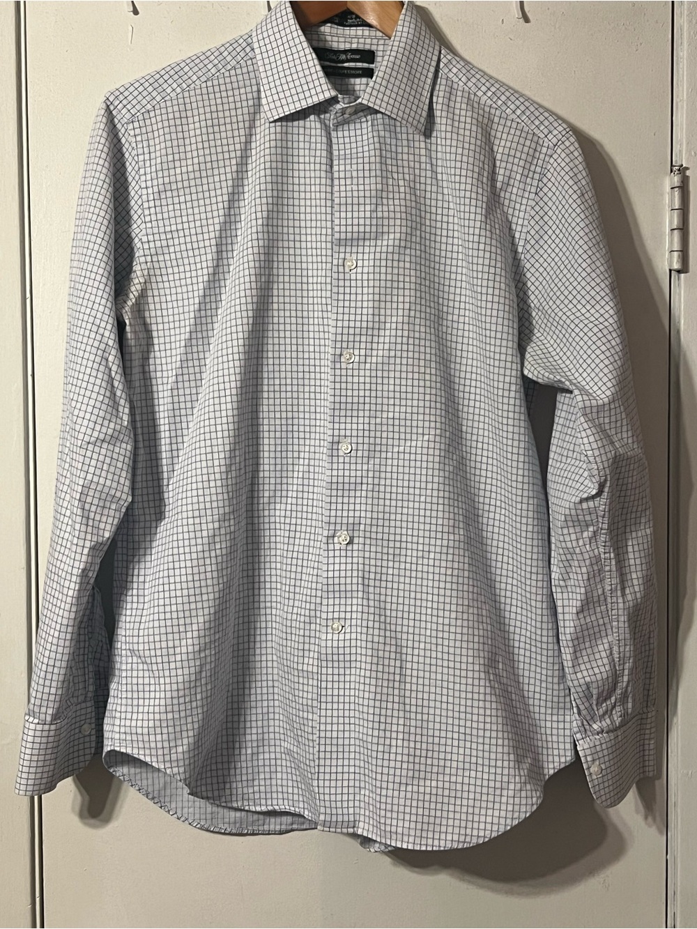 Saks Fifth Avenue White Dress Shirt with Light Blue Check Slim Fit 16 34-35